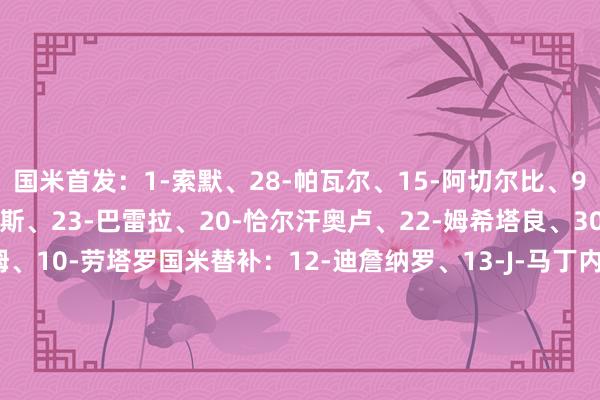 国米首发：1-索默、28-帕瓦尔、15-阿切尔比、95-巴斯托尼、2-邓弗里斯、23-巴雷拉、20-恰尔汗奥卢、22-姆希塔良、30-奥古斯托、9-图拉姆、10-劳塔罗国米替补：12-迪詹纳罗、13-J-马丁内斯、8-阿瑙托维奇、11-科雷亚、16-弗拉西洋、21-阿斯拉尼、31-比塞克、50-艾杜、51-亚历克西乌、52-贝伦布鲁赫、58-科基、99-塔雷米亚特兰大首发：29-卡内塞基、19-吉